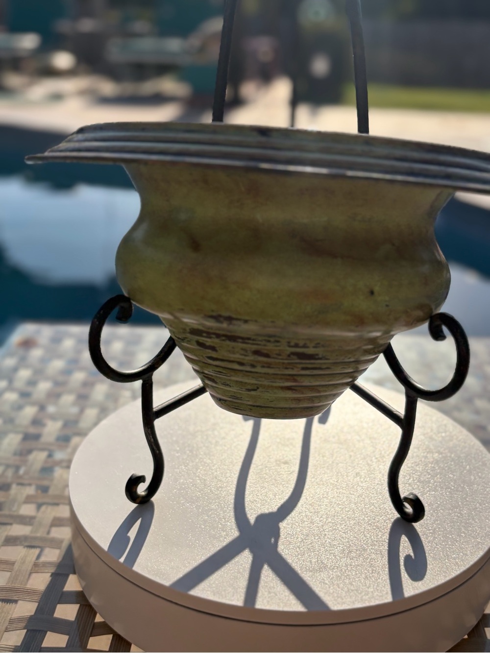 Green Ceramic Hanging Planter with Black Metal Stand